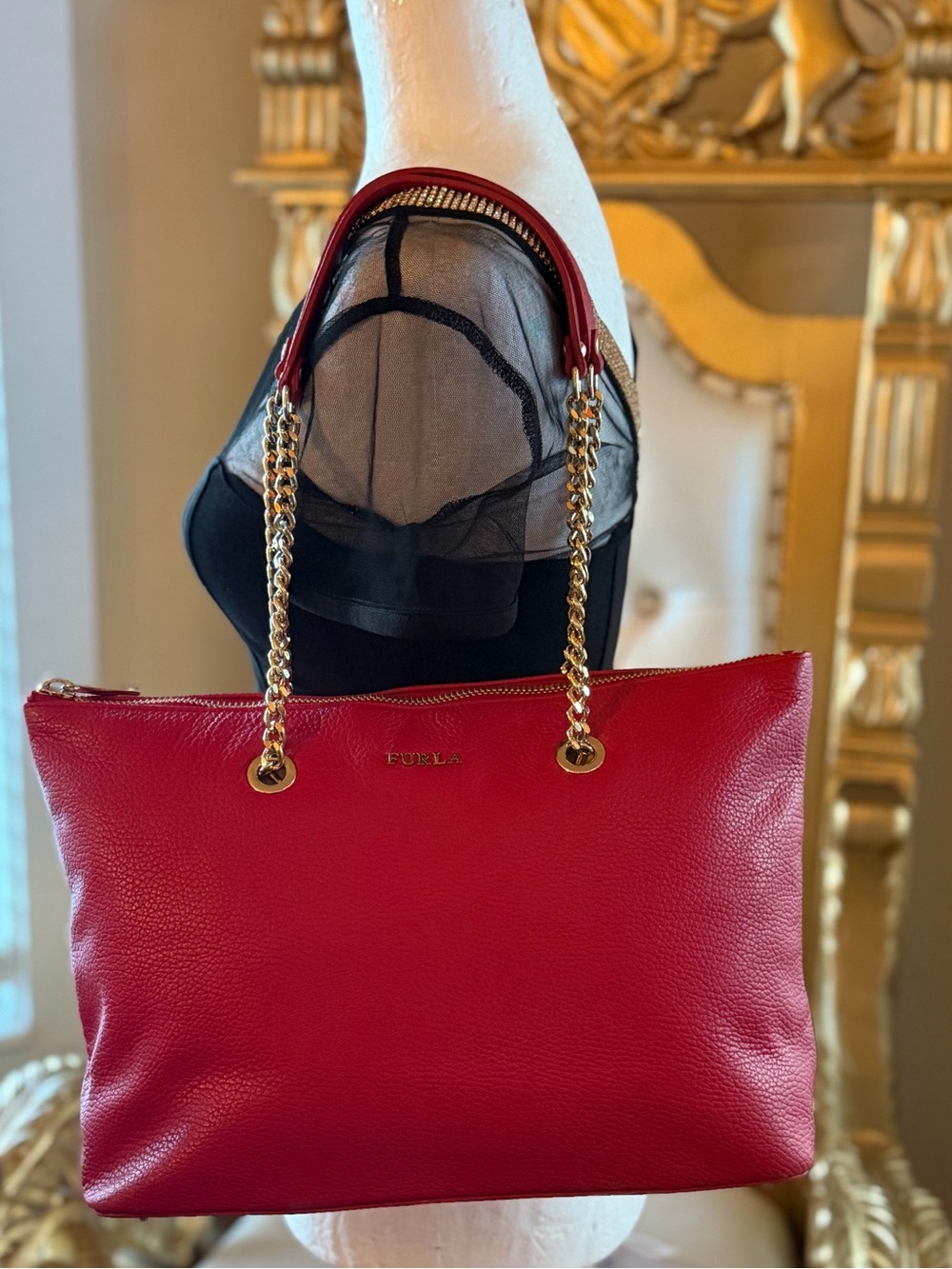 Furla Red Julia Pebble Leather Chain Tote